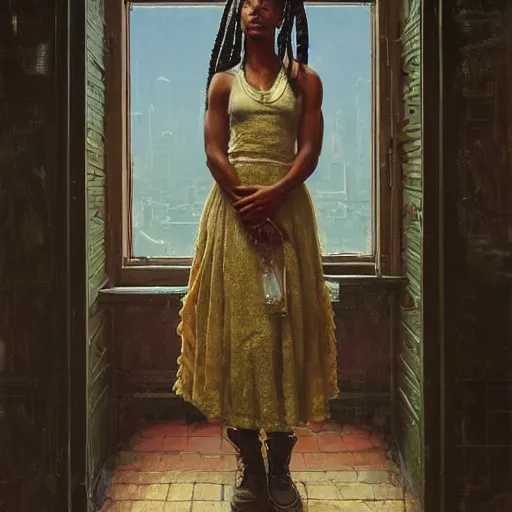 Prompt: a portrait of a beautiful!!! woman with cornrow braids by Tim Okamura, Norman Rockwell, she is standing in a very large room with many windows and columns, a detailed matte painting by Noah Bradley and Moebius, cgsociety, concept art, solarpunk, optimistic future, natural light, golden light, life after the plague, backlit, rim lighting