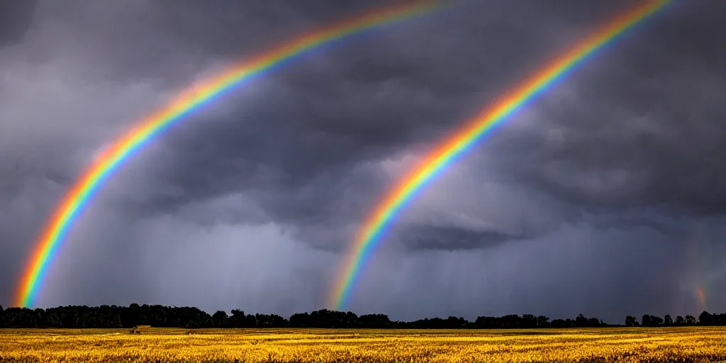 Image similar to detailed fields nature, super storm, faint rainbow, impressive, atmospheric, god rays, cinematic, deep colors, very high complexity, stunning, masterpiece, 3 5 mm, very detailed. 4 k