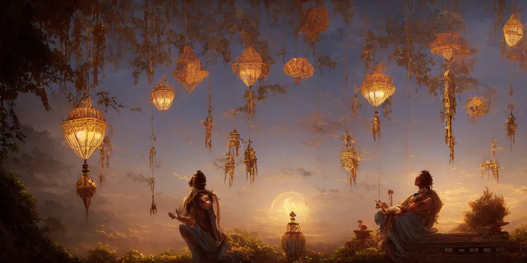 Prompt: painting of a god of wind enjoying his ornate heavenly palace, decorated with windchimes and paper lanterns, stunning nature in background, cinematic, 8 k, hyper detailed, art by greg rutkowski