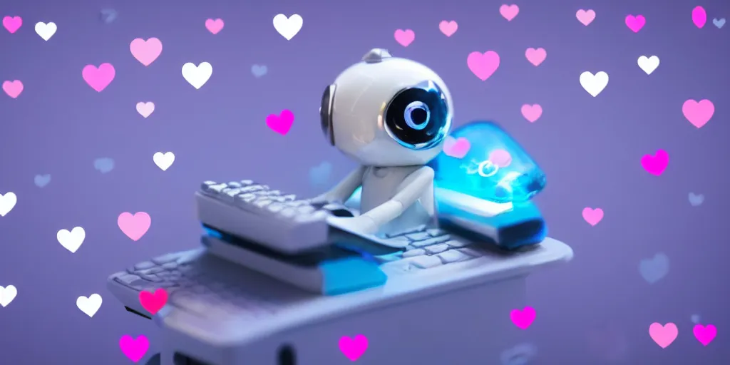 Image similar to a super cute tiny miniature realistic shiny robot typing on a keyboard with a deep blue fiber optical network in the background and lots of cute pink hearts floating around the realistic picture