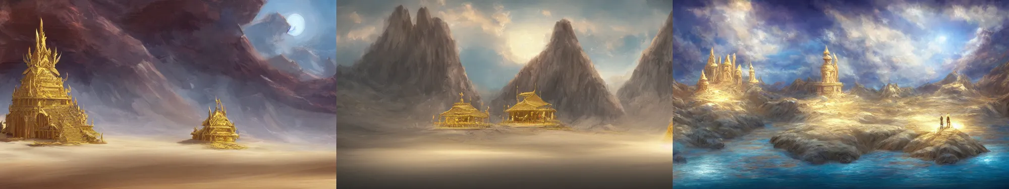 Prompt: Landscape, desert of white sand. A gold temple. Fantasy, digital painting, HD, 4k, detailed.