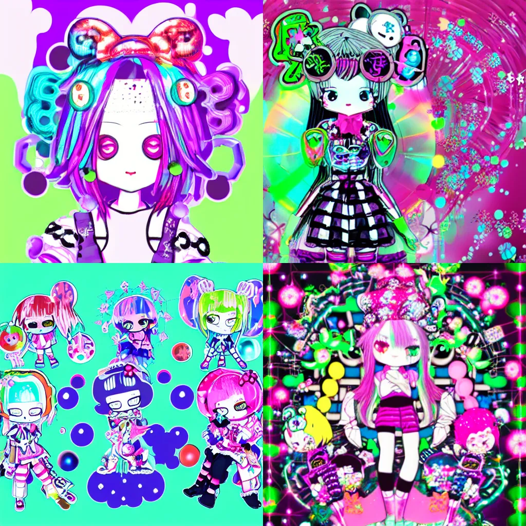 Image similar to cybergoth decora glitchcore yokai girl, sanrio ornaments, pastel cute cinematography