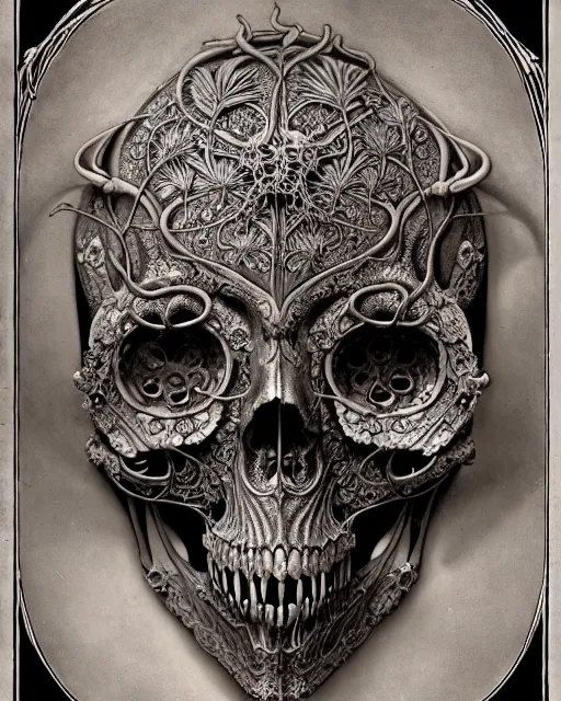 Image similar to art forms of nature by ernst haeckel, memento mori by arthur rackham, ornate antique porcelain beautiful skull mask, ultrasharp, photorealistic, hyperdetailed, octane render, polished, art nouveau, neo - gothic, gothic, intricate ornamental organic filigree, art nouveau botanicals, art forms of nature by ernst haeckel, horizontal symmetry, symbolist, visionary