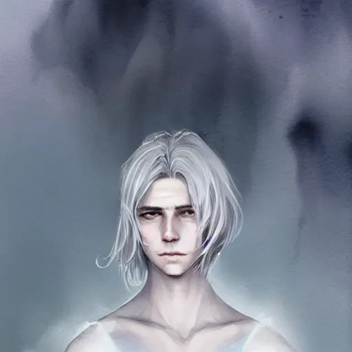 Image similar to teen boy, silver hair, shoulder - length hair, ethereal, elegant, intricate, delicate, sharp focus, highly detailed, artstation, watercolor, by charlie bowater and ross tran