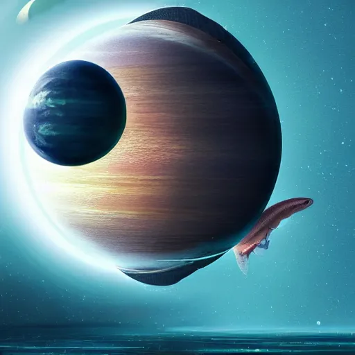 Prompt: a sphere aquarium full of fish inside it. the aquarium is floating in space, in the size of a planet. the moon is in the background. illustration, digital art, realistic, pixar style, by greg rutkowski and ash thorp, vivid colors, detailed, trending on artstation, high quality, cinematic, rule of thirds