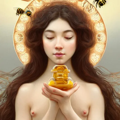 Image similar to perfectly-centered-Portrait of a gorgeous Honey Goddess with bees, The Perfect Human Female Specimen, intricate, elegant, super highly detailed, professional digital painting, artstation, concept art, smooth, sharp focus, no blur, no dof, extreme illustration, Unreal Engine 5, 8K, art by artgerm and greg rutkowski and alphonse mucha and loish and WLOP