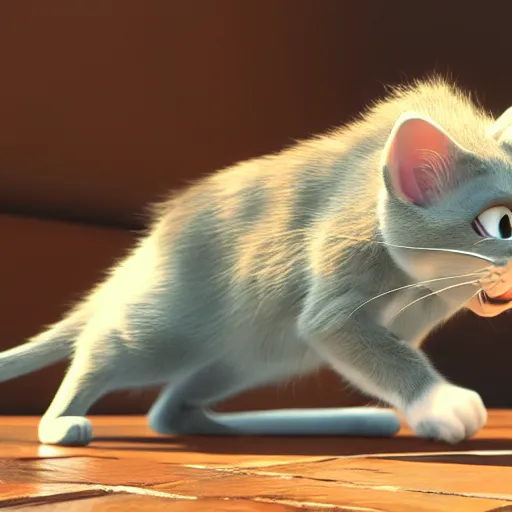 Image similar to hyper realistic Cat like Tom in Tom and Jerry, 4K portrait, character concept art, render in Octane, cgsociety, 4K post-processing highly detailed, Pixar cinematography style, bright day light