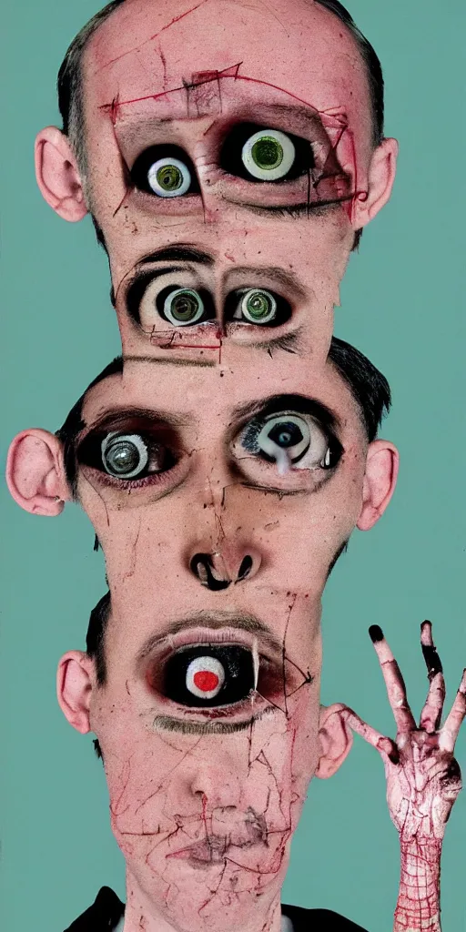 Image similar to award winning photo of todd solondz mixed with hitler, vivid colors, happy, symmetrical face, beautiful eyes, studio lighting, wide shot art by roger ballen & francis bacon