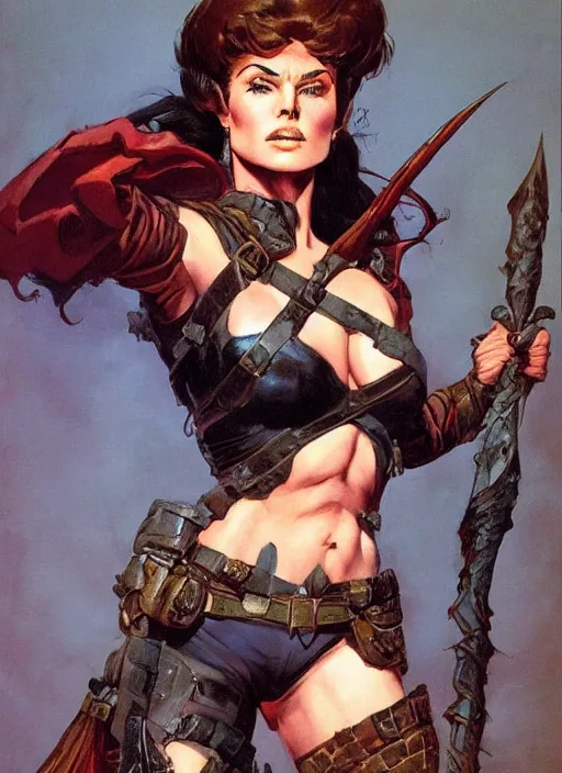 Image similar to portrait of strong female ranger, beautiful! coherent! dungeons and dragons character, by frank frazetta, by brom, strong line, deep color, leather armor, short buzzed hair, high contrast