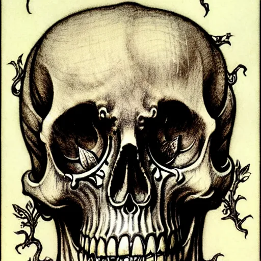 Image similar to memento mori by arthur rackham, detailed, art nouveau, gothic, ornately ornamented beautiful skull, intricately carved antique bone, skulls, botanicals, horizontal symmetry