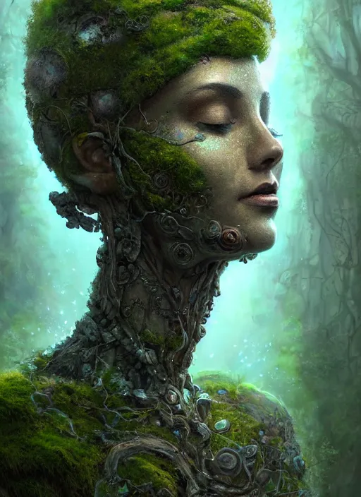 Image similar to Portrait of an Ancient Stone Robot with a tree growing out of her head, patches of moss, translucent leaves, extremly detailed digital painting, in the style of Tomasz Alen Kopera and Fenghua Zhong and Peter Mohrbacher, mystical colors, rim light, beautiful lighting, 8k, stunning scene, raytracing, octane, trending on artstation