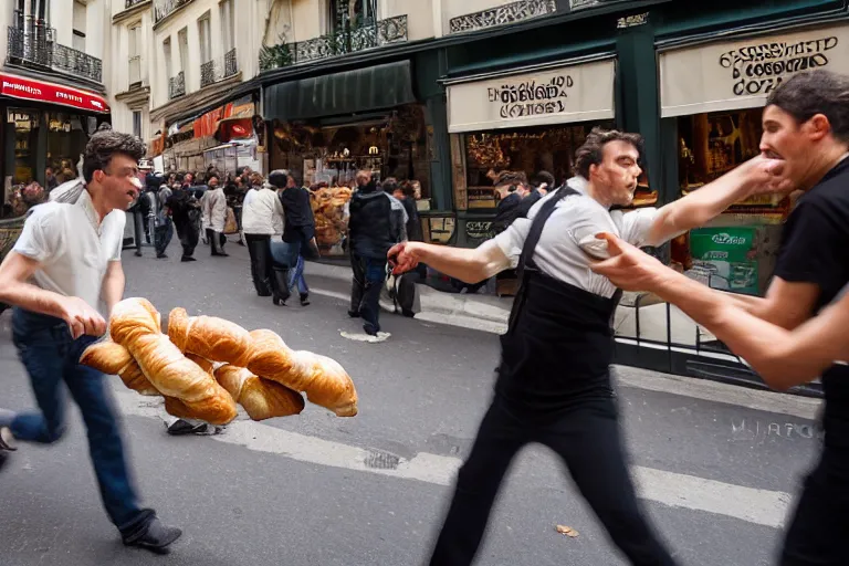 Prompt: closeup potrait of bakers fighting croissants in a paris street, natural light, sharp, detailed face, magazine, press, photo, Steve McCurry, David Lazar, Canon, Nikon, focus