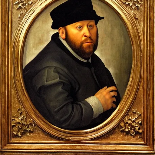 Prompt: portrait of kevin james, oil painting by jan van eyck, northern renaissance art, oil on canvas, wet - on - wet technique, realistic, expressive emotions, intricate textures, illusionistic detail