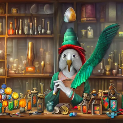 Image similar to Anthropomorphized parrot trader in his shop, shelves full, selling a gem, portrait, items, magic potions, carpet, window, fancy hat, sly expression , cunning expression, cute expression, presenting magic gem, D&D, fantasy, cinematic lighting, highly detailed, digital painting, artstation, concept art, smooth, sharp focus, illustration, warm light, cozy warm tint, magic the gathering artwork, volumetric lighting, 8k, no gold, no gold colours, art by Akihiko Yoshida, Greg Rutkowski