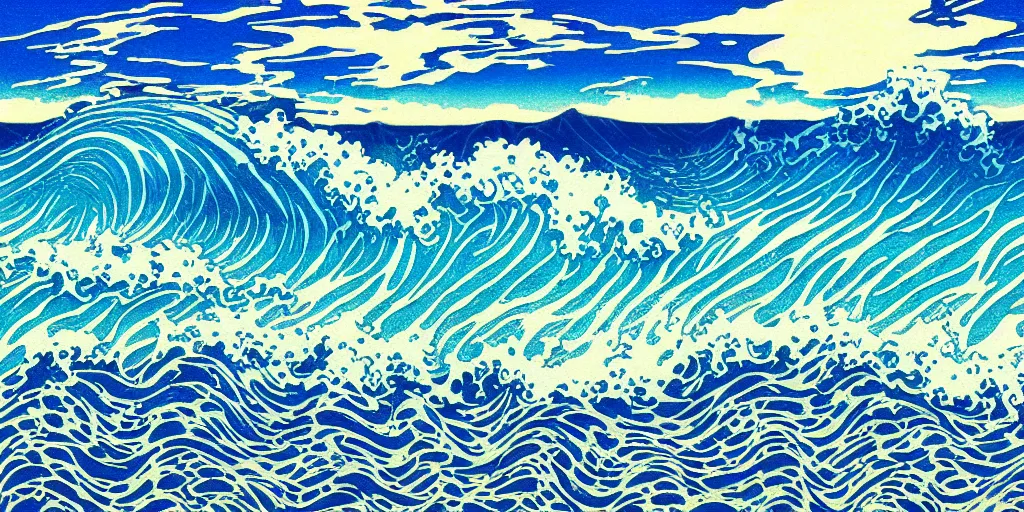 Prompt: clouds and waves, An aesthetically pleasing, dynamic, energetic, lively, complex, intricate, detailed, well-designed digital art of a beach, ripples, waves, sea foam, light and shadow, overlaid with aizome patterns, Shin-hanga by Bob Ross, traditional Japanese colors, superior quality, masterpiece, featured, trending, award winning, HDR, HD, UHD, 4K, 8K, anamorphic widescreen, cinematic, sharp focus