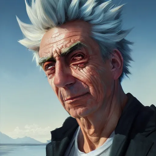 Prompt: rick sanchez closeup portrait, dramatic light, lake background, 2 0 0 mm focal length, painted by stanley lau, painted by greg rutkowski, painted by stanley artgerm, digital art, trending on artstation