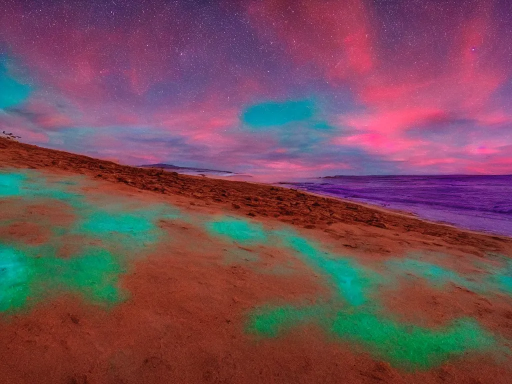 Image similar to purple refrigerator, red sand beach, green ocean, nebula sunset