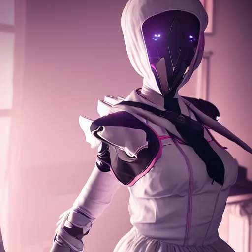 Image similar to female warframe in french maid outfit, 8k resolution, high detail, ULTRA REALISTIC VFX, reflections, octane render, CGSociety