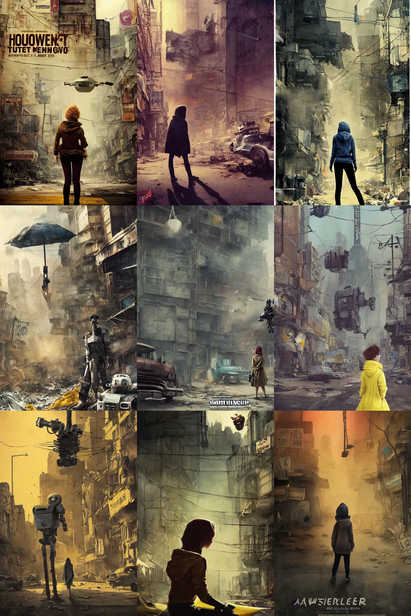 Prompt: incredible movie poster, simple watercolor, soft bloom lighting, abandoned city, paper texture, movie scene, distant shot of hoody girl side view sitting under a yellow parasol in deserted dusty shinjuku junk town, old pawn shop, bright sun bleached ground ,hawken, phantom crash, robot monster lurks in the background, animatronic, black smoke, pale beige sky, junk tv, texture, strange, impossible, fur, spines, mouth, pipe brain, shell, brown mud, dust, overhead wires, telephone pole, dusty, dry, pencil marks hd, 4k, remaster, dynamic camera angle, deep 3 point perspective, fish eye, dynamic scene