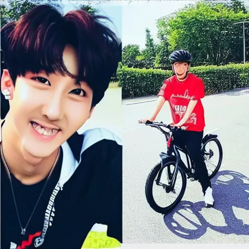 Image similar to “K-pop star Changbin riding a bicycle”