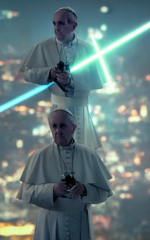 Prompt: Pope shooting bright cross shaped lasers, 80s,glow, science fiction, cyberpunk, neon, low angle shot, cross, pope, movie poster, futuristic, pontifex