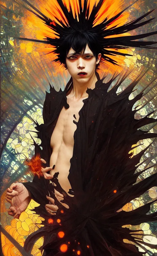 Image similar to a mad guy with spike black hair, orange spike aura in motion, damaged japanese clothes, floating pieces, painted by art by tsuyoshi nagano, greg rutkowski, artgerm, alphonse mucha