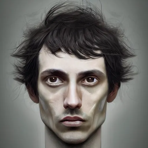 Image similar to surreal portrait of a man by Greg Rutkowski, symmetrical face, he is about 30 years old, short black hair with bangs, his features are a mix between French, Turkish and Russian, transformed into a kind of biomechanical transhuman god, uncany but fascinating, expression of epiphany and determination, cosmic void background, frightening, fascinating, highly detailed portrait, digital painting, book cover, artstation, concept art, smooth, sharp foccus ilustration, Artstation HQ