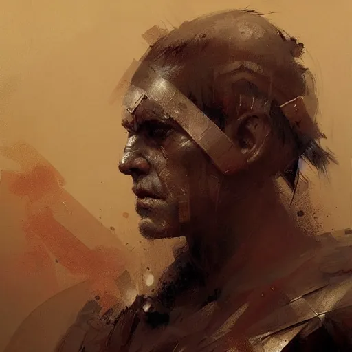 Image similar to Portrait painting of a warrior by greg rutkowski and Craig Mullins, Dark atmospheric and cinematic lighting