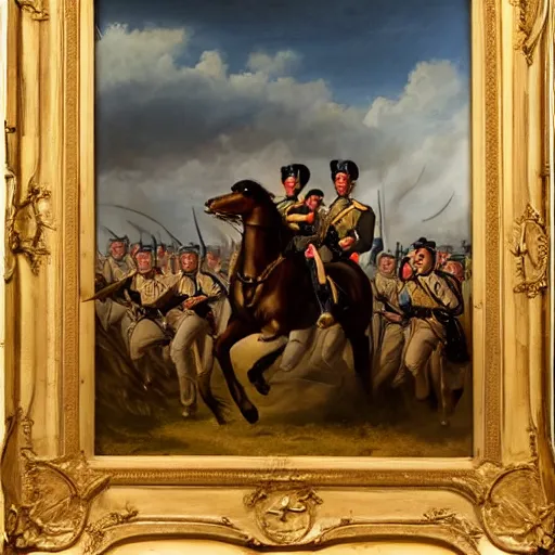 Prompt: cinematic shot of Kim Kardashian dressed as a military officer leading a charge in an open field, 1800s, oil on canvas, dramatic,