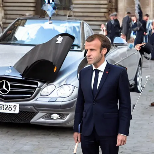 Prompt: macron smoking a hand - rolled cigarette next to a mercedes