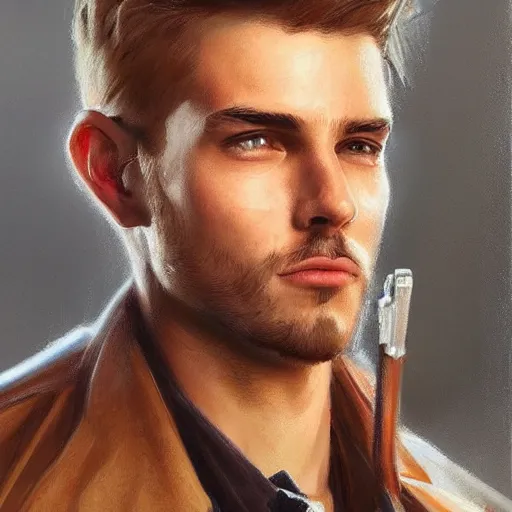 Image similar to modern oil portrait of young charming gunslinger jack, very very very very very beautiful art, masterpiece, realistic and detailed, artstation, artificial lightning