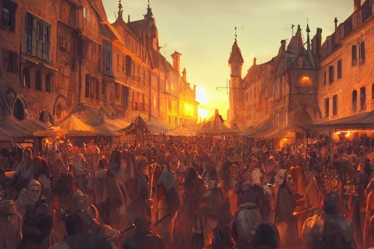 Prompt: crowded medieval market, sunset, cinematic, Artstation