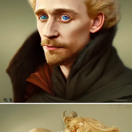 Image similar to blonde medieval nobleman, tom hiddleston, D&D, doublet, painted fantasy character portrait, highly detailed, digital painting, artstation, concept art, sharp focus, illustration, art by artgerm and greg rutkowski and alphonse mucha