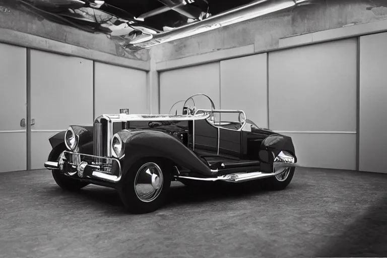 Image similar to single 2030 duesenberg model sj concept, inside of a minimalist Tokyo garage, ektachrome photograph, volumetric lighting, f8 aperture, cinematic Eastman 5384 film