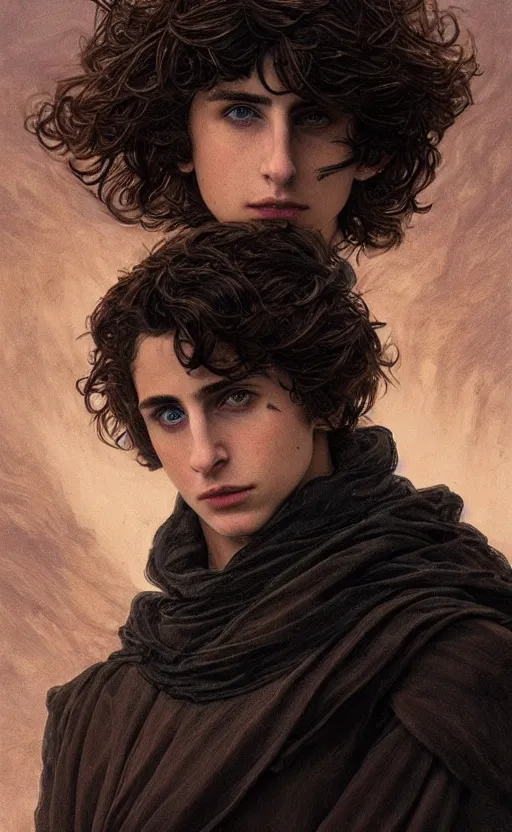 Image similar to beautiful paul atreides timothee chalamet with a three day beard, emperor of the known universe, completely blue eyes, perfect dramatic and dark portrait insanely detailed, concept art, deep focus, intricate, highly detailed, digital painting, artstation, matte, sharp focus, illustration, art by greg rutkowski and alphonse mucha, low angle, dominant eye