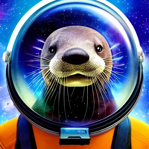 Image similar to a realistic portrait of an otter wearing a space helmet and visor set against a space and nebula background, trending on artstation, ultra detail, photorealistic, fine detail, cgi, zbrush, global illumination, studio lighting