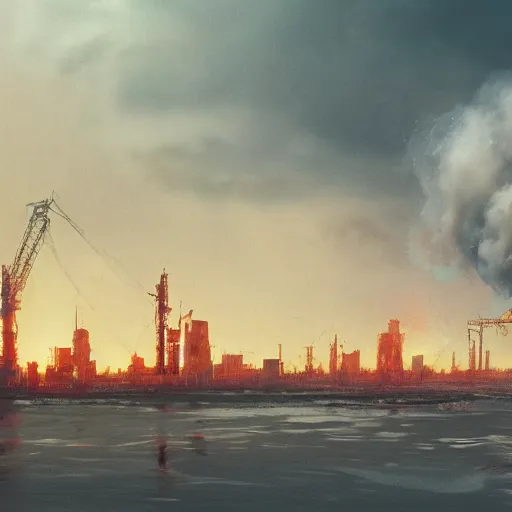 Prompt: atom punk gulf war oil fires + sky scrapers by artem chebokha and ralph steadman, trending on artstation, photorealistic, high resolution, vray, 8 k, octaneoctane render, weta digital, micro details, 3 d sculpture, structure, ray trace