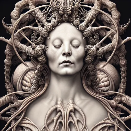 Image similar to detailed realistic beautiful porcelain calaveras goddess face portrait by jean delville, gustave dore, iris van herpen and marco mazzoni, art forms of nature by ernst haeckel, art nouveau, symbolist, visionary, gothic, neo - gothic, pre - raphaelite, fractal lace, intricate alien botanical biodiversity, surreality, hyperdetailed ultrasharp octane render