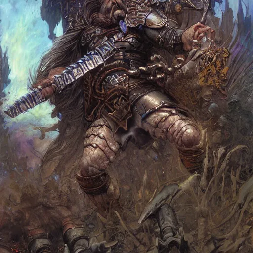 Image similar to art by donato giancola and bayard wu and gustav moreau and wayne barlowe, a fantasy cinematic shot of a dwarf berserker, fighting, warhammer, dnd, fighting monsters, octane render, hyperreal,