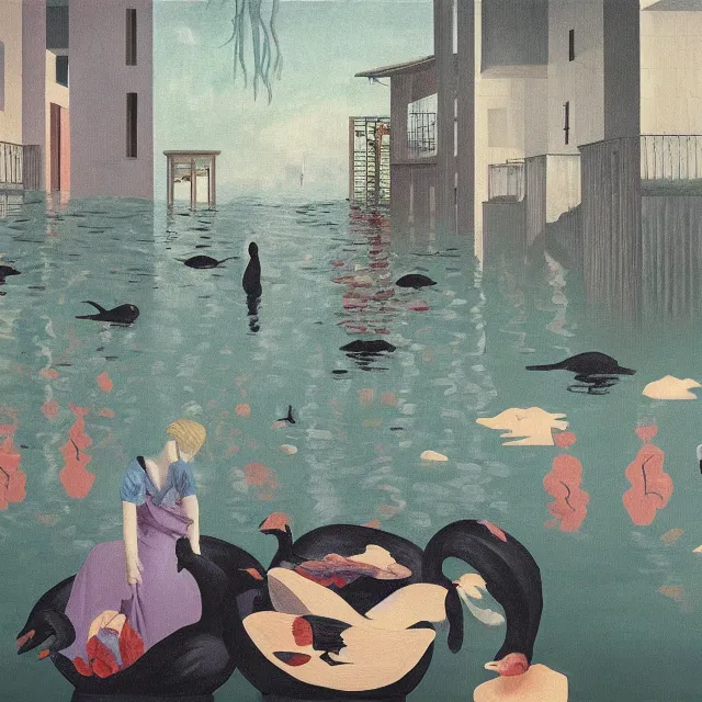 Image similar to painting of flood waters inside an apartment, tall female emo art student, a river flooding indoors, tangelos, pigs, ikebana, water, river, rapids, waterfall, black swans, canoe, pomegranate, berries dripping, acrylic on canvas, surrealist, by magritte and monet