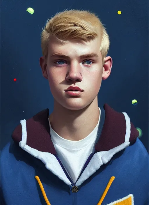 Image similar to portrait of high school senior boy named big moose, blonde short hair, jock, beefy, wide face, square jaw, square facial structure, blue varsity jacket with letter r, intricate, elegant, glowing lights, highly detailed, digital painting, artstation, concept art, sharp focus, illustration, art by wlop, mars ravelo and greg rutkowski