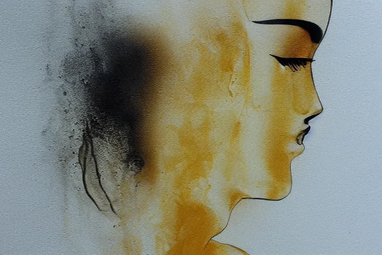 Image similar to beautiful serene swimming person, healing through motion, life, minimalistic golden and ink airbrush painting on white background