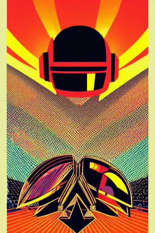 Image similar to a 8 0 s art deco poster of daft punk alive 2 0 0 7 pyramid festival stage, poster art by kilian eng, moebius, behance contest winner, psychedelic art, concert poster, poster art, maximalist