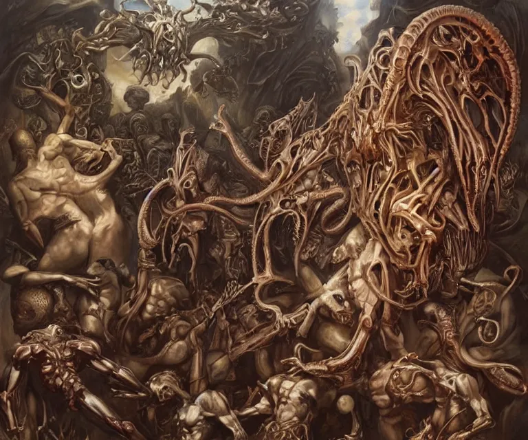 Image similar to elegant renaissance painting of biomechanical warhammer final boss bodybuilder vecna battle, art by alex ross and peter mohrbacher, epic biblical depiction, flesh and bones, fangs, teths and tentacles, corpses and shadows!