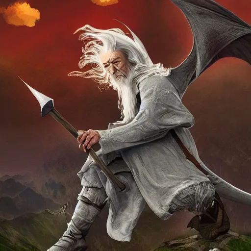 Image similar to gandalf riding a dragon, highly detailed, digital art