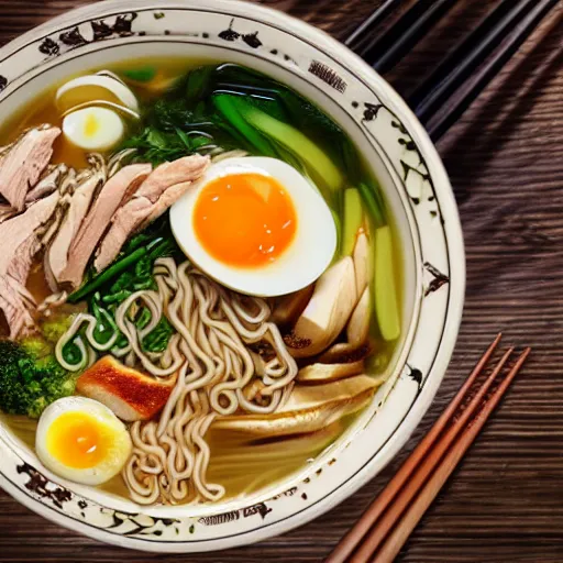 Image similar to A delicious ramen with chicken, eggs, and veggies, photorealistic imagery, 35mm photography, 4k, 8k