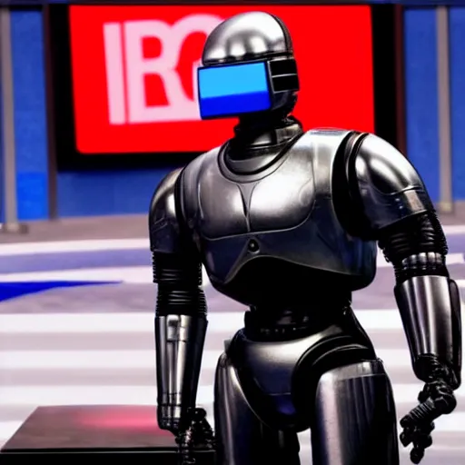 Prompt: iconic photo of robocop in presidential debate