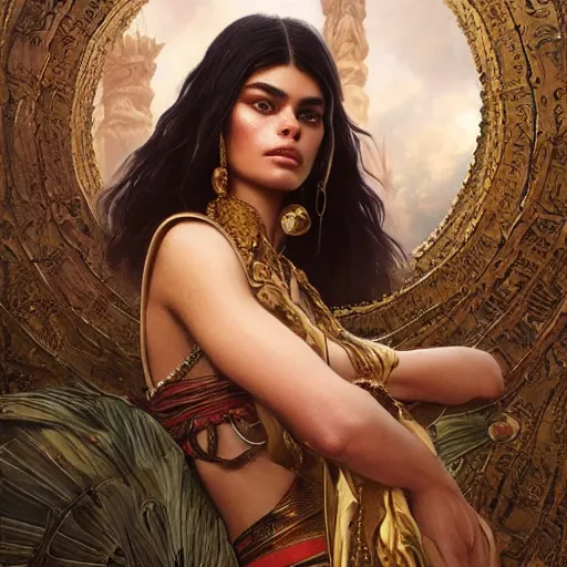 Image similar to Kaia Gerber as Cleopatra, intricate, elegant, highly detailed, digital painting, artstation, concept art, smooth, sharp focus, illustration, art by artgerm and greg rutkowski and alphonse mucha