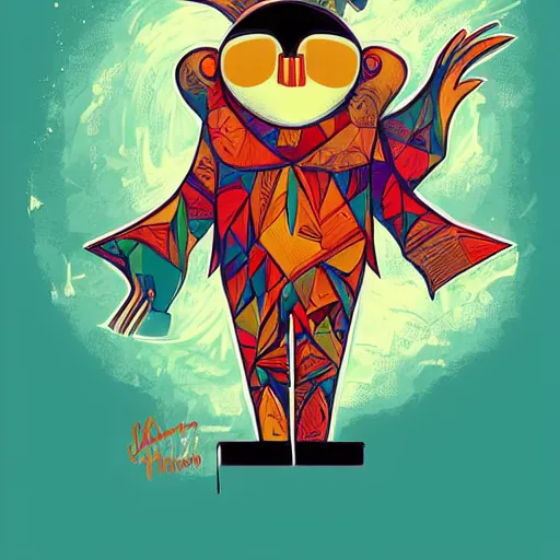 Prompt: anthropomorphic penguin with a human characteristics rules the world, digital art, fantasy, explosion of color, highly detailed, in the style of jake parker, in the style of conrad roset, swirly vibrant colors, sharp focus