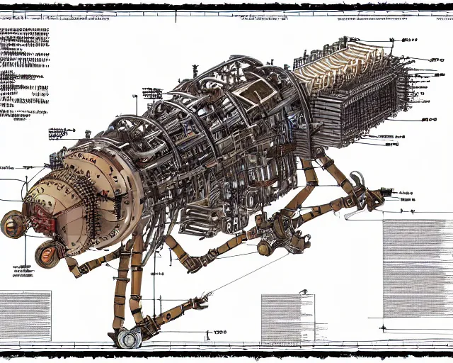 Image similar to a full page of a mechanical blueprint showing a cutaway design for a mechanized six legged wolf from howl's moving castle ( 2 0 0 4 ), with a big head, muted colors, post grunge, studio ghibli, hq,